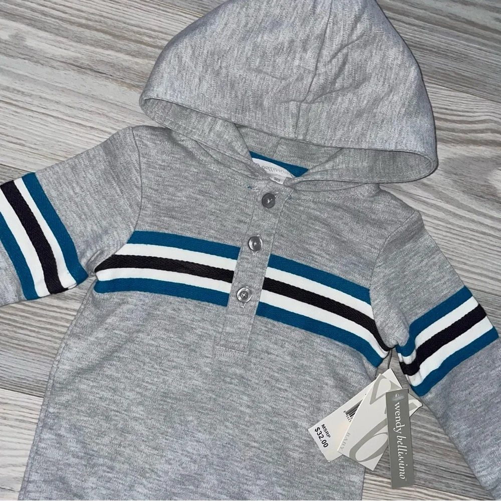 Wendy Bellissimo Baby Boys Hooded Romper 3–6 Months Gray Stripe Snap 1 PC NEW